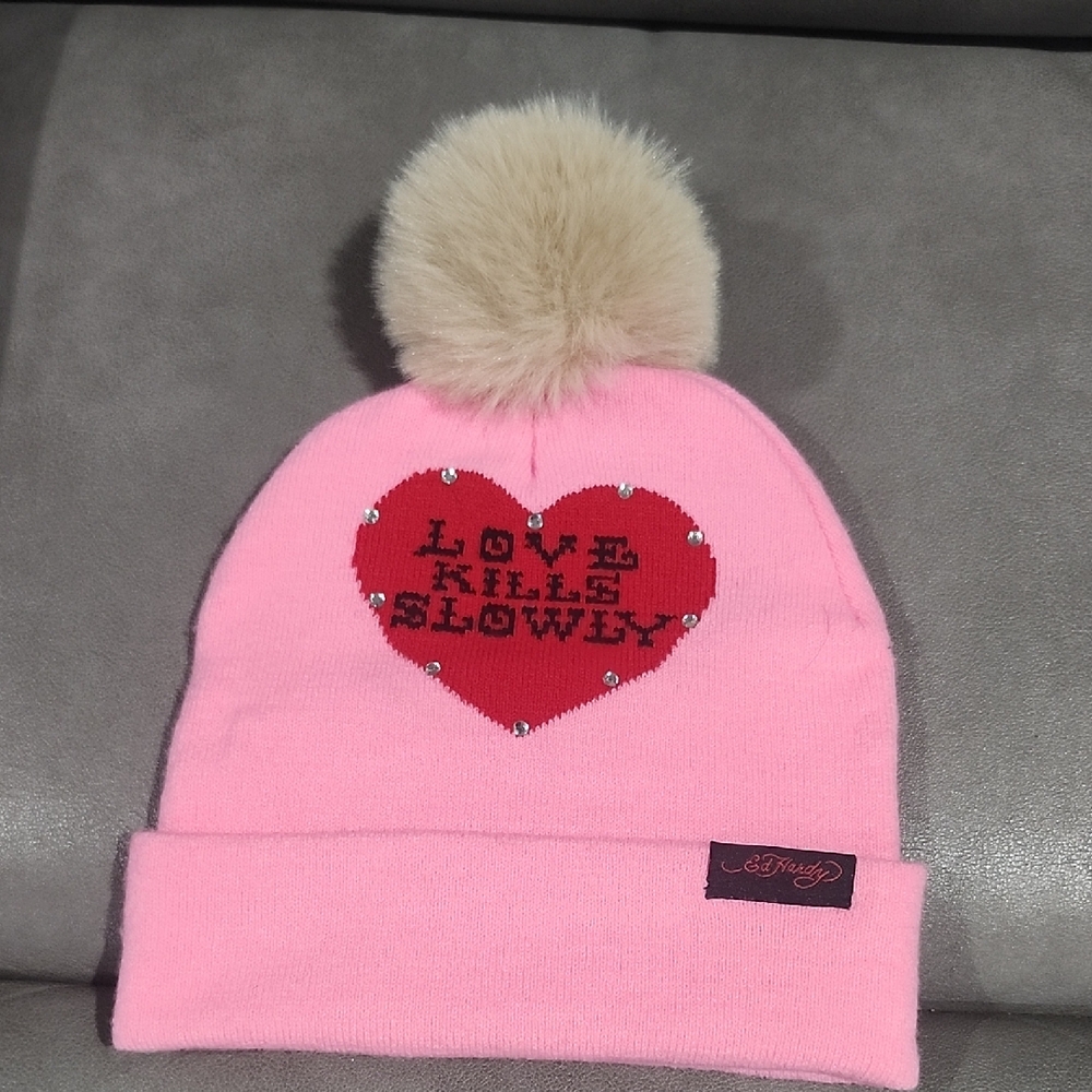 Ed Hardy Pink Beanie with Heart and Pom Pom Beanie And Matching Gloves